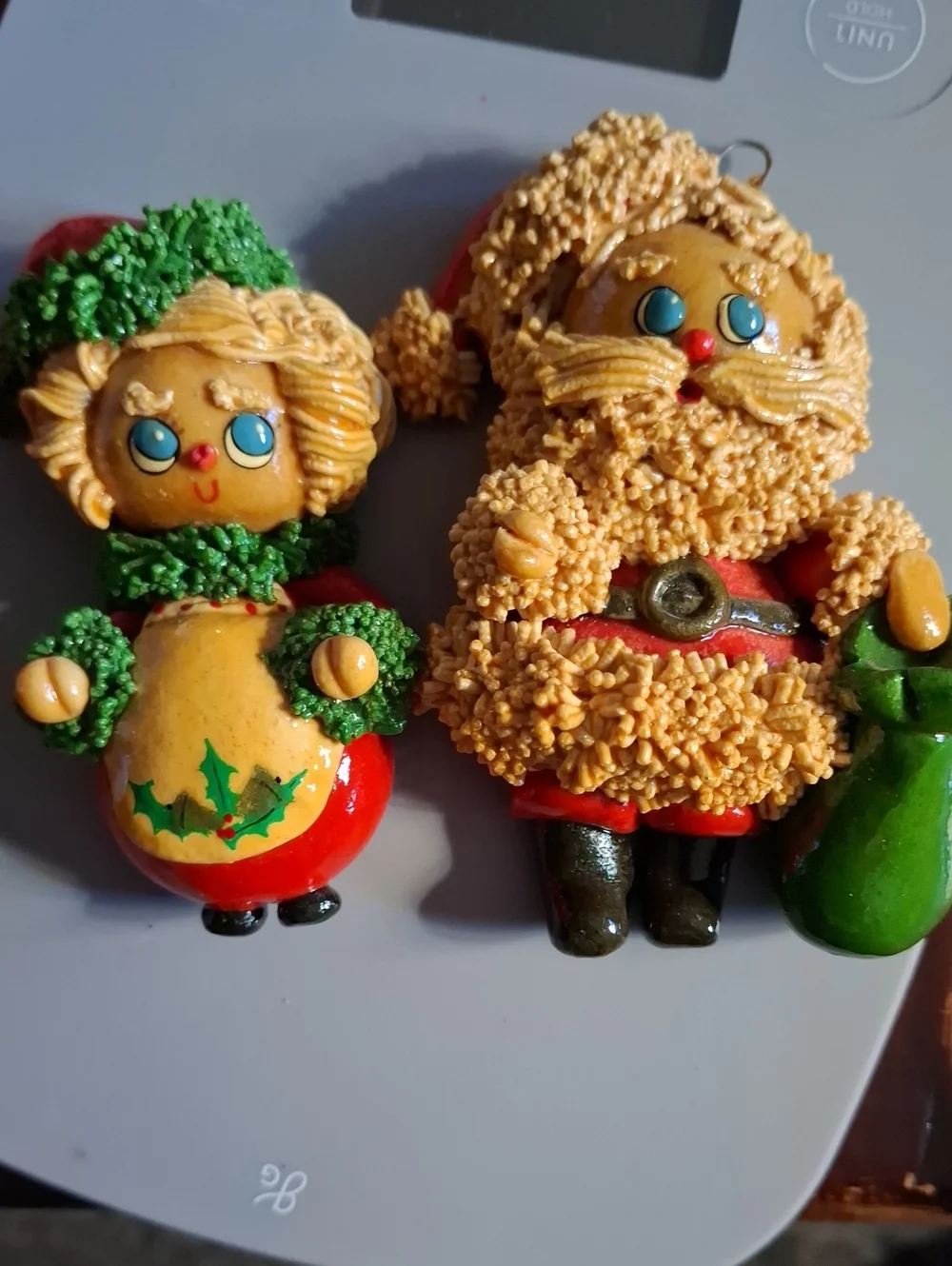 Christmas Santa and Mrs. Claus , Baby, Clown Group Of Vintage Homemade Ornaments
